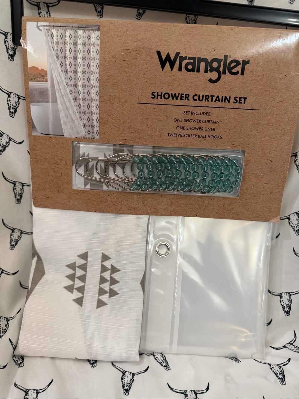 Wrangler White Shower Curtain Set with Teal Hooks